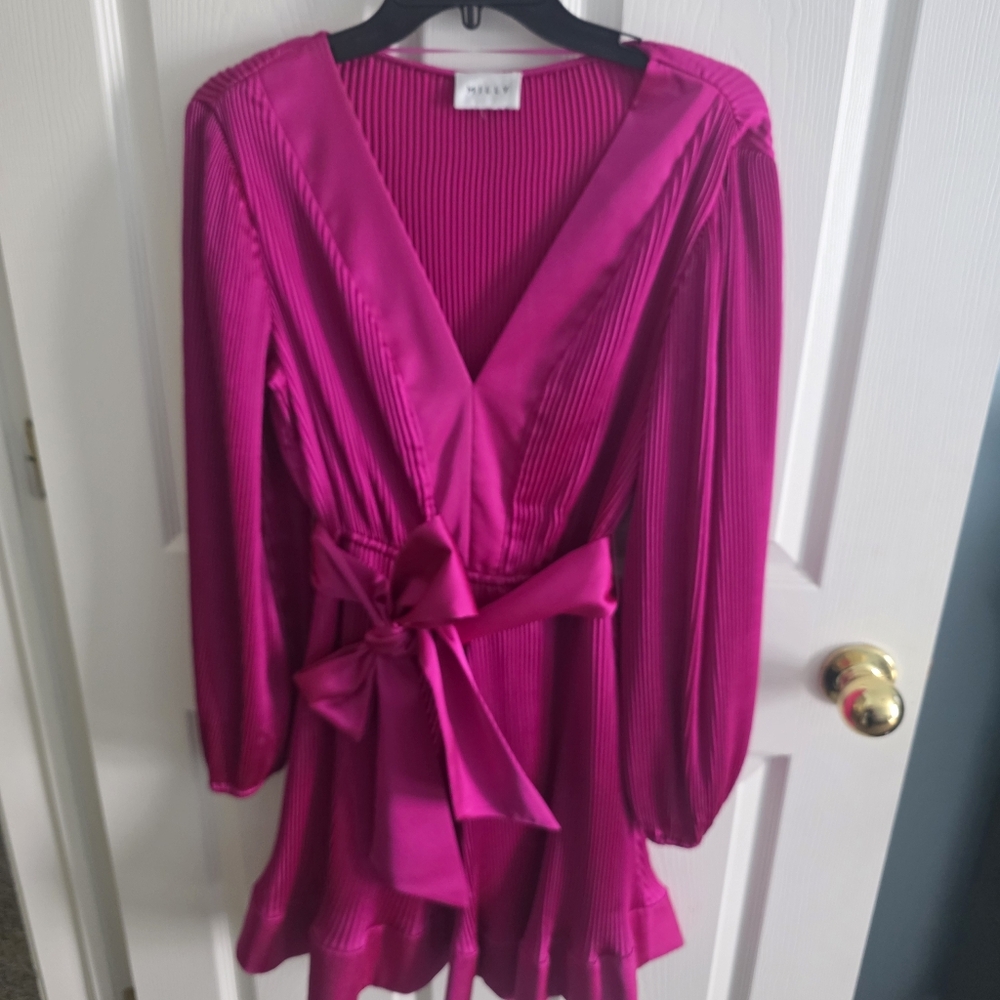 Magenta Pleated Wrap Dress with Waist Tie